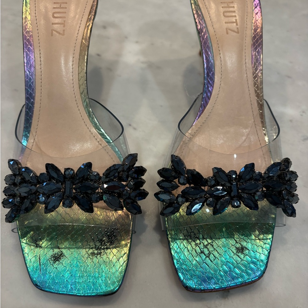 SCHUTZ Multicolor Iridescent Heels with Black Embellishments